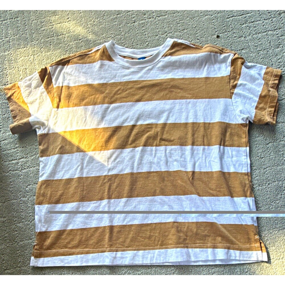 Old Navy women M Tan/White Striped Cotton Knit Crew Neck Short Sleeve Tee